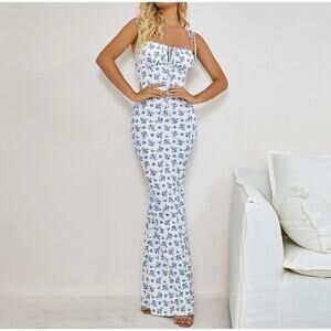 Cider White Blue Floral Sheer Mesh Sweetheart Maxi Dress Y2K Cottage Size M